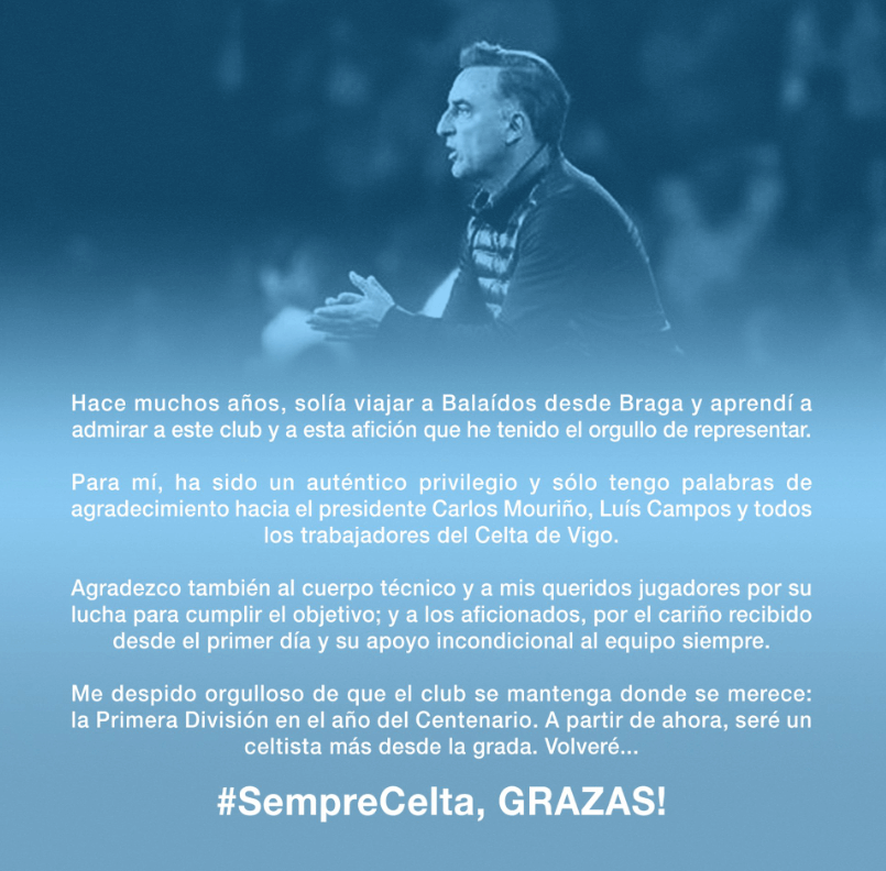 Carta de despedida de Carlos Carvalhal del Celta