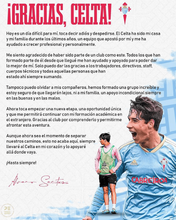 Carta Álvaro Santos deja el Celta